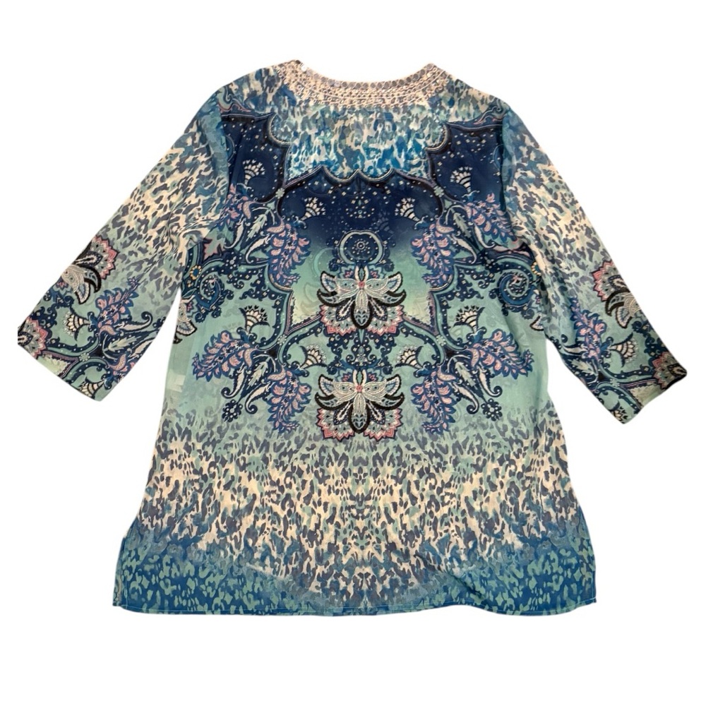 NWOT Chico’s Embellished Sheer Tunic Blue Paisley Boho Top Size 3 XL 16/18 - Picture 7 of 11